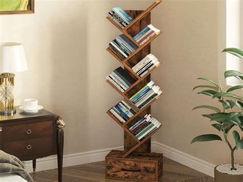 Rolanstar Tree Bookshelf Bookcase With Drawer Free Standing Tree