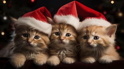 Three Kittens Are Sitting Together In Santa Hats Background Christmas