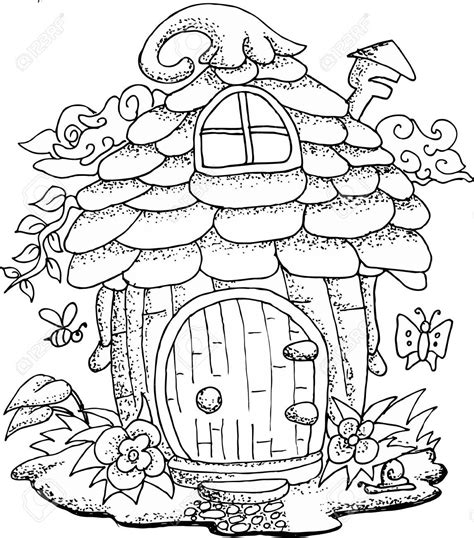 White Illustration Of A Fairy House Fairy Coloring Pages