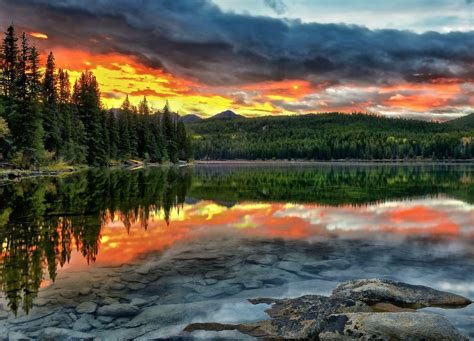 Landscape Lake Pine Trees Clouds Wallpapers Hd