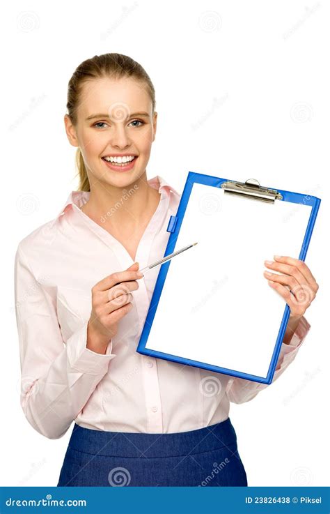 Businesswoman With Pen And Clipboard Stock Photo Image Of Lovely