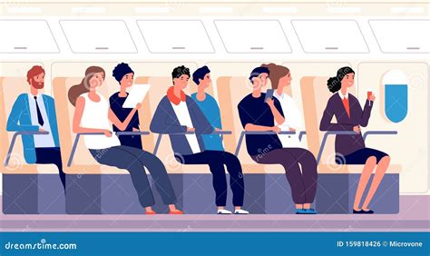 Passengers On Plane People Traveling On Airplane Board Stock Vector Illustration Of Interior