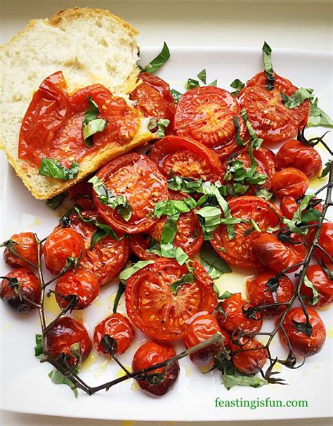 Fresh Basil Topped Slow Roasted Tomatoes Feasting Is Fun