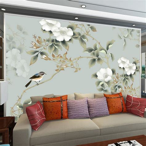 Murals Custom Any Size Hand Painted Flowers Birds Picture Tv Wall