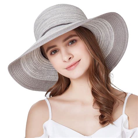 Women Floppy Sun Hat Summer Wide Brim Beach Cap Foldable Cotton Straw Hat Light Grey