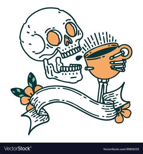 Tattoo With Banner A Skull Drinking Coffee Vector Image