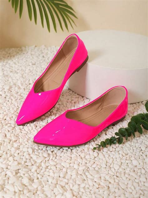 Funky Hot Pink Flats For Women Neon Pink Point Toe Ballet Flats