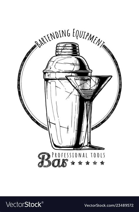 Cobbler Shaker And Cocktail Glass Logo Label Illustration Of Bar Professional Tools In Vintage