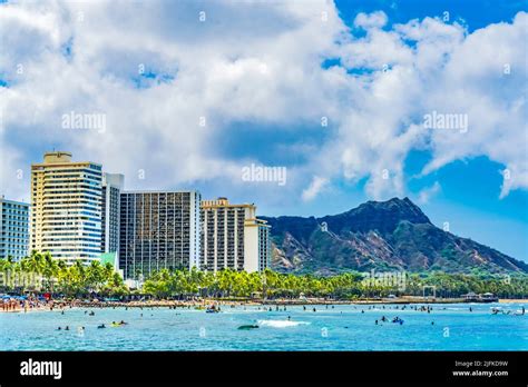 Colorful Waikiki Beach Surfers Swimmers Diamond Head Hotels Honolulu