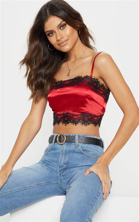 Red Lace Trim Satin Strappy Crop Top Tops Prettylittlething Usa