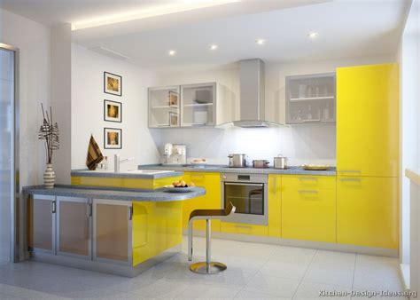 Yellow is the color for retro kitchen designs in the 1940s and 50s style, which is great for kitchen cabinets, fining furniture and kitchen islands when paired with wood finishes or painted cabinetry in white, green, blue or cream. Pictures of Modern Yellow Kitchens - Gallery & Design Ideas