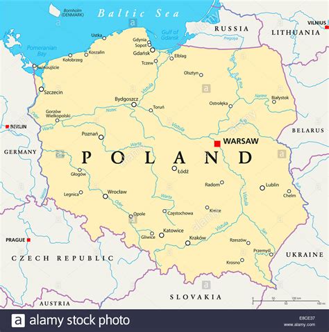 Es wird von der ostsee im norden, litauen und dem russischen gebiet kaliningrad im nordosten, deutschland im. Polen politische Karte mit Hauptstadt Warschau ...