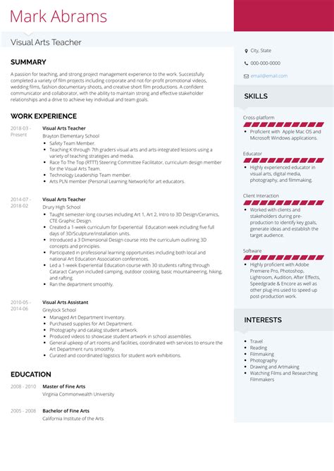 100% free resume builder to make, save and print a professional resume in minutes. Art Teacher - Resume Samples and Templates | VisualCV