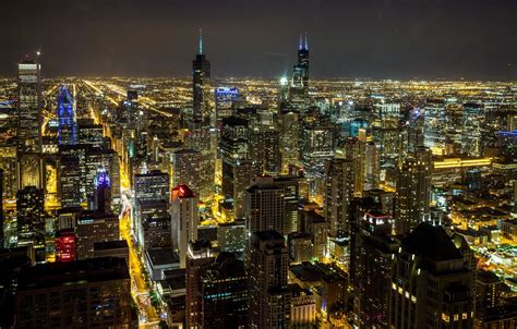 Wallpaper City Lights Chicago Illinois Panorama Night Glow