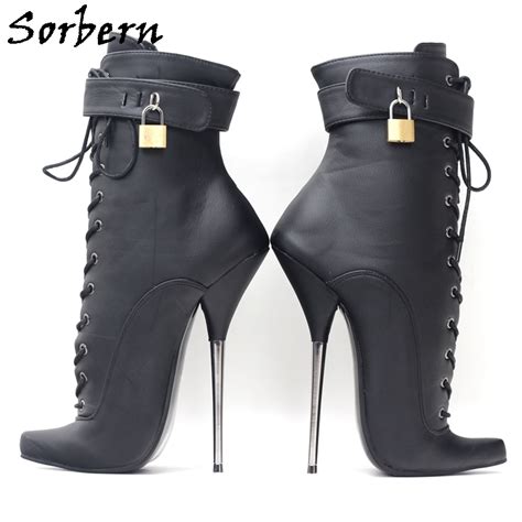 sorbern black matt ankle boots women ballet metal heels 18cm stilettos lockable ankle straps