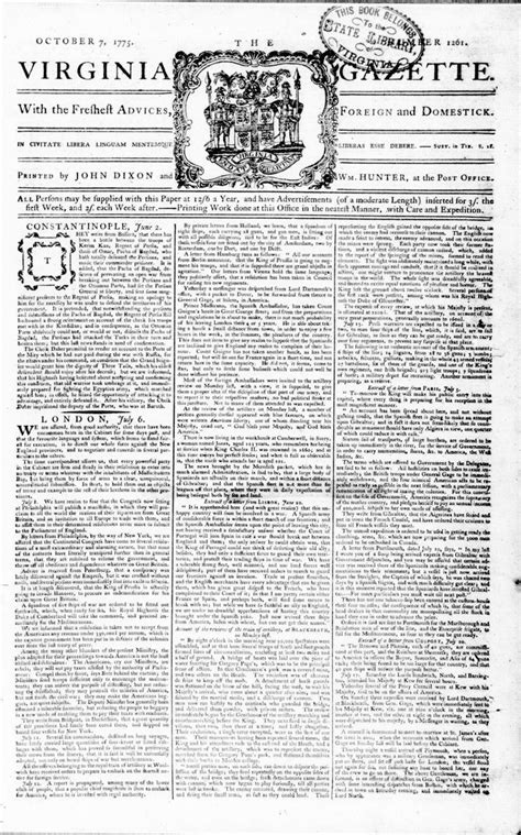 Virginia Gazette Dixon And Hunter Oct 07 1775 Pg 1 The Colonial