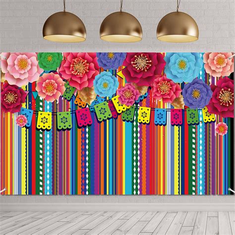 Mexican Theme Party Striped Backdrop Fiesta Cinco De Mayo Paper Flowers