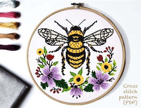 Honey Bee Modern Cross Stitch Pattern Flowers Wreath Insect Etsy