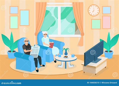Grandfather And Grandmother Are Sitting On A Sofa And Watch Tv In