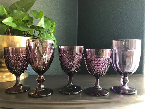 Mixed Vintage Set Of 5 Purple Colored Glass Goblets Glasses Etsy Wedding Glassware