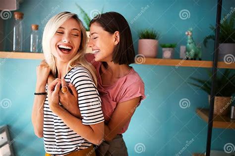 Cheerful Lesbians Embrace Passioantely And Have Fun Together Stock Image Image Of Attractive