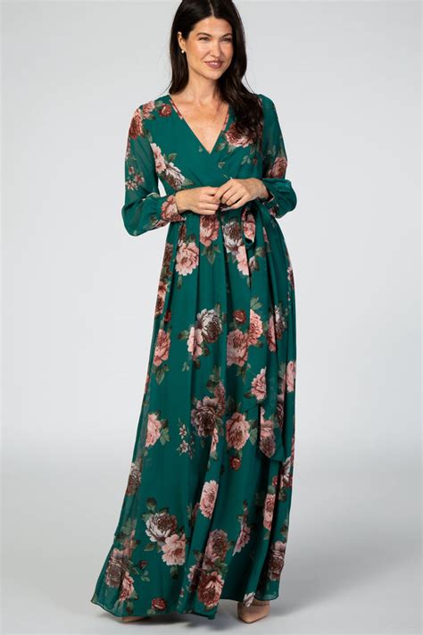 Green Floral Chiffon Long Sleeve Pleated Maternity Maxi Dress Pinkblush