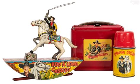 Lot Detail - 1950 Hopalong Cassidy Lunchbox, Thermos, and Marx Rocking Toy.
