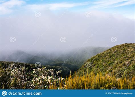 Low White Clouds Hovering Over Bush Covered Mountain Ridge Stock Photo
