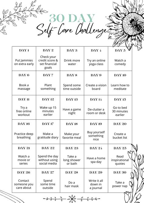 Easy 30 Day Self Care Challenge Free Checklist Blank