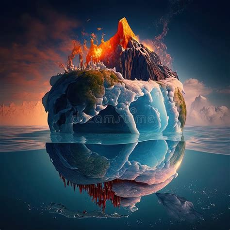 Conceptual Image Of Planet Earth Burning And Frozen Due To Climate