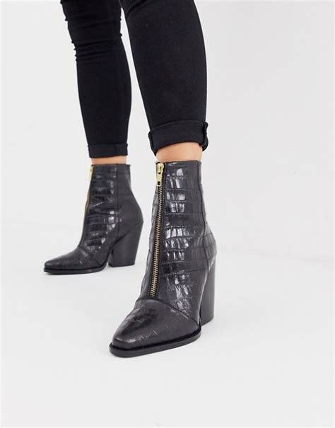 Asos Design Rotate Leather Zip Western Ankle Boots In Black Croc Asos Asos Flat Boots Wedge