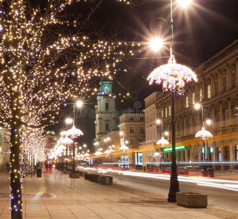 Night City Lights In Old Town Warsaw Poland Christmas Stock Image