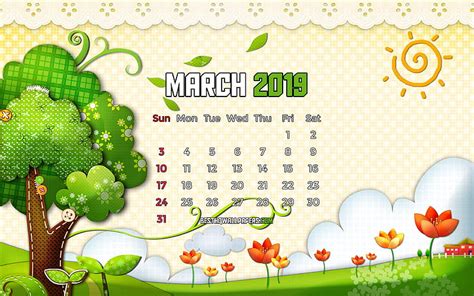 March 2019 Calendar Spring Landscape 2019 Calendar Cartoon Landscape
