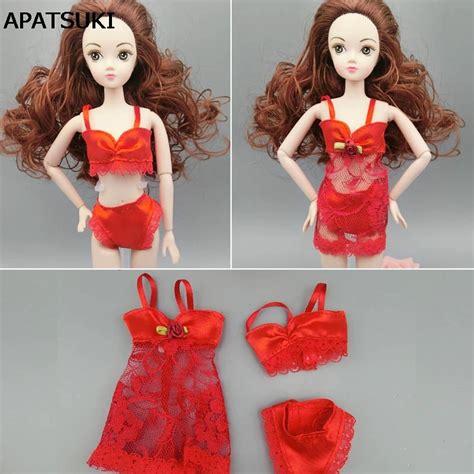 3pcsset Sexy Red Fashion Clothes For Barbie Doll Pajamas Lingerie Nightwear Lace Night Dress