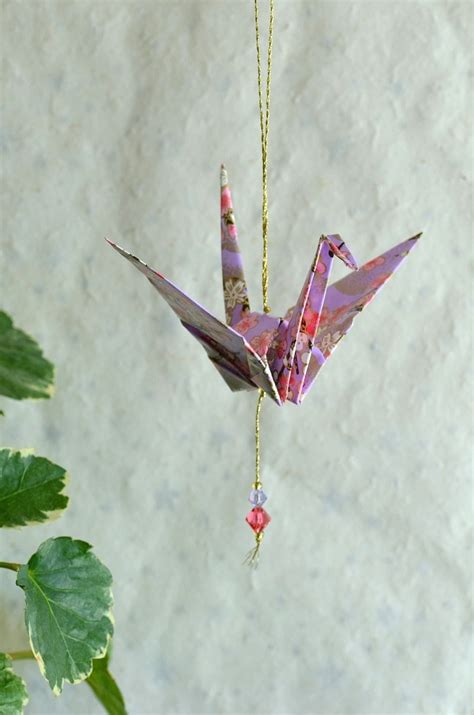 Origami Crane Hanging Ornament Lilac Japanese Paper With