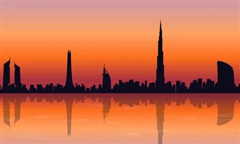 Silhouette Of Dubai Skyline At Sunset Landscape — Stock Vector