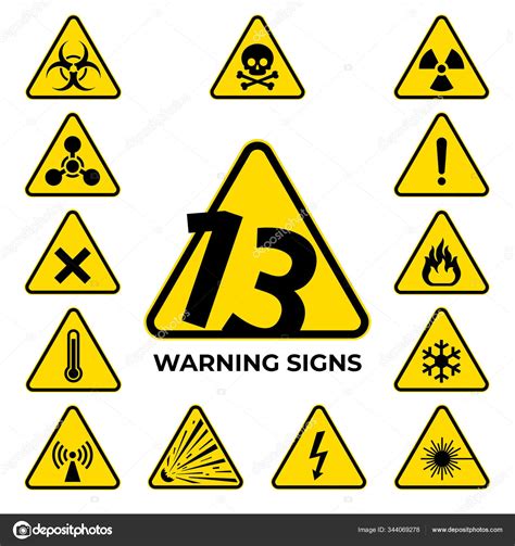 Set Of Hazard Warning Signs 13 Black Yellow Triangle Warning Safety