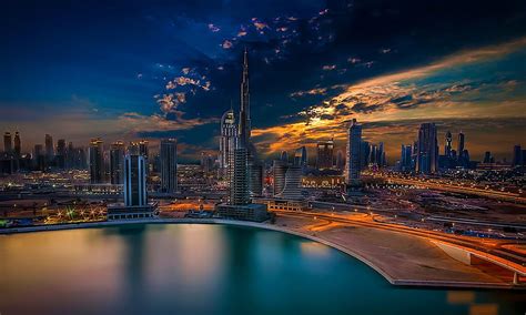 Sunset At City Downtown City Lights Buildings Dubai Bonito Sunset