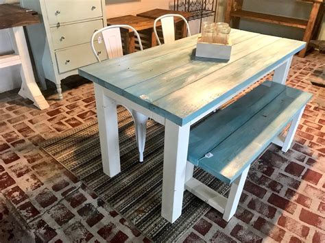 I designed and build this diy farmhouse kitchen chair with a tall back to match our dining table set. Vintage Aqua Small Farmhouse Table Set, with Bench and ...