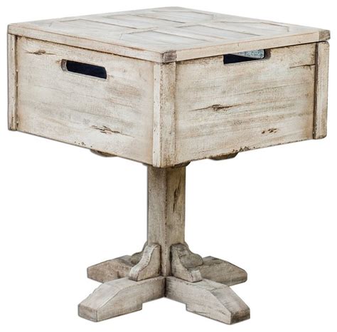 Unique Distressed Wood Pedestal Table With Storage Traditional Side