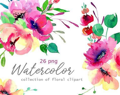 Watercolor Flowers Clip Art Hand Painted Floral PNG Bright Etsy
