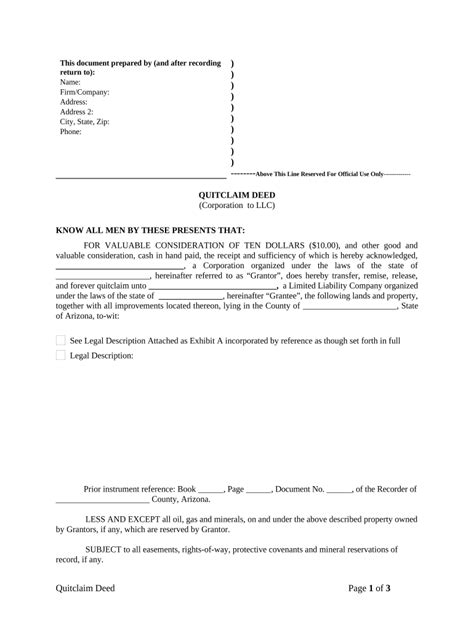 Quitclaim Deed From Corporation To LLC Arizona Form Fill Out And Sign