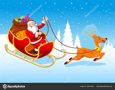 Ett inredningsalbum med bilder på jul, julpynt. Feliz Papai Noel em seu trenó puxado por renas — Vetor de ...