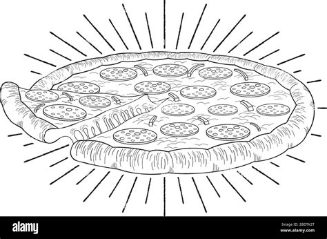 Pizza Pepperoni Onion Black And White Illustration Drawing Stock