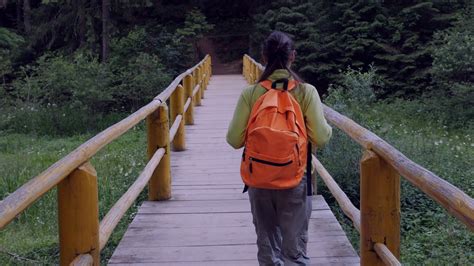 tourist woman walking across wooden bridge stock video footage storyblocks