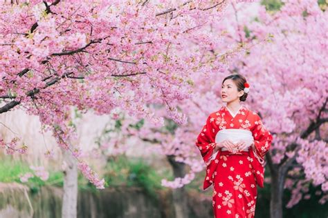 Premium Photo Asian Woman Wearing Kimono With Cherry Blossomssakura In Japan