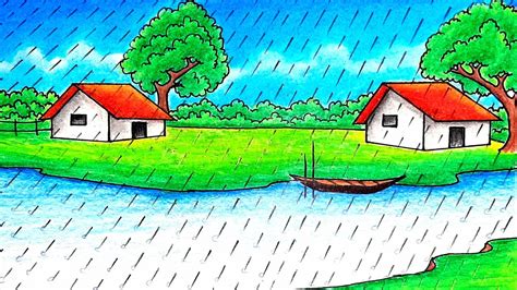 How To Draw A Scenery Of Rainy Season Step By Step Very Easy Rainy