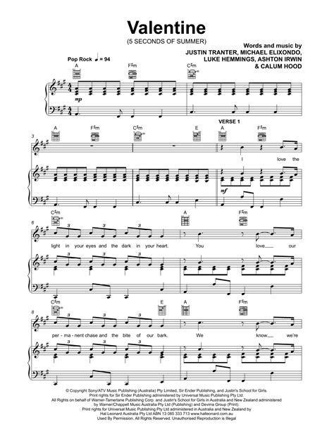 Valentine Sheet Music 5 Seconds Of Summer Piano Vocal And Guitar