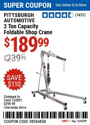 I need to pull two engines and would rather buy the hoist and not have to rent one. PITTSBURGH AUTOMOTIVE 2 Ton Capacity Foldable Shop Crane for $189.99 - Harbor Freight Coupons