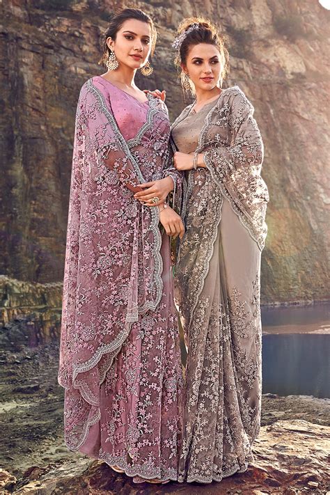Buy Designer Mauve Embroidered Party Wear Saree Online Like A Diva